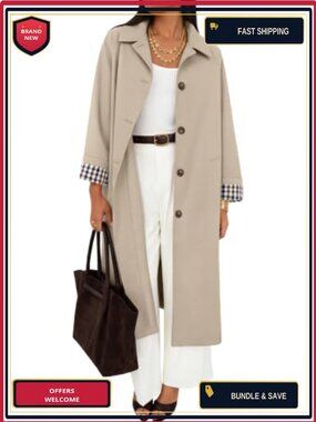 Oversized Single Breasted Trench Coat Windproof Plaid Lined